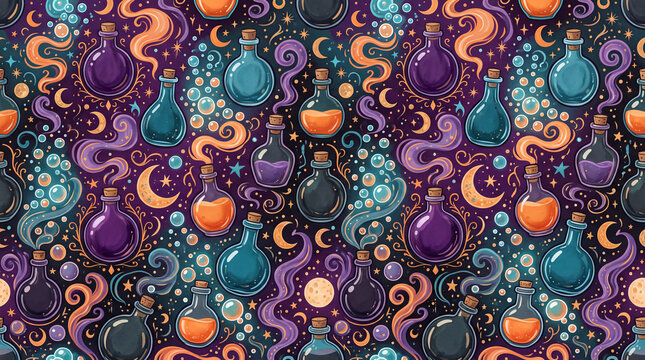 Seamless pattern featuring colorful magic potion bottles and mystical glowing bubbles