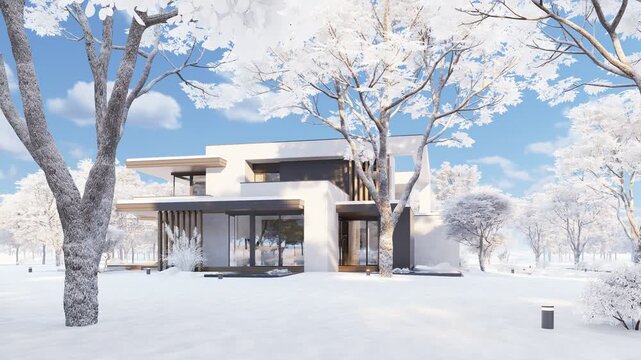 Panning 4K video of a contemporary luxury house exterior in winter with white facades, large glass windows, and a snowy landscape.