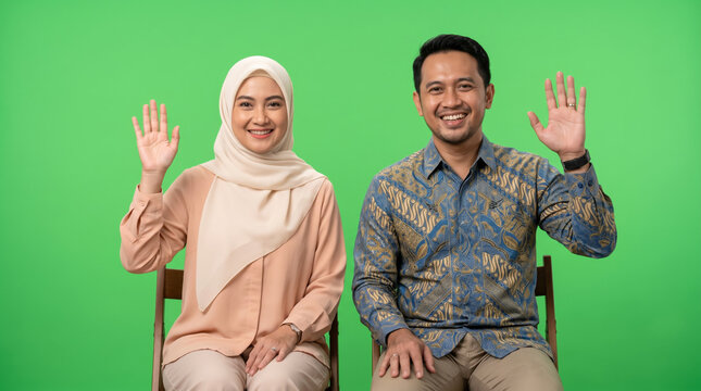 Friendly Indonesian couple waving hello against a green screen background