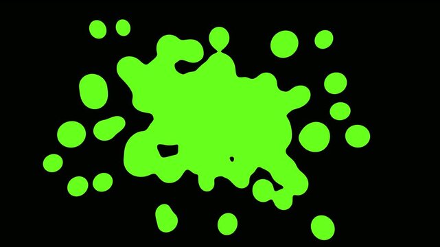 Bright green abstract blob shape with scattered bubbles on a black background