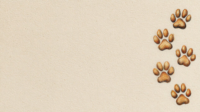 Four brown animal paw prints ascending diagonally across textured beige background with ample negative space, rustic wildlife trail motif and natural impressionist surface design