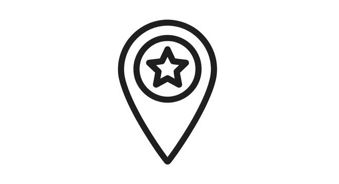 Minimalist black outline map pointer icon with a star shape inside isolated on transparent background for navigation or location rating UI