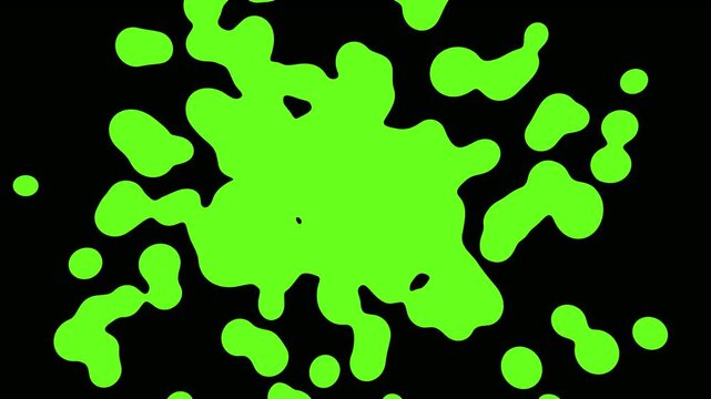 Bright green amorphous blob with scattered droplets on a black background