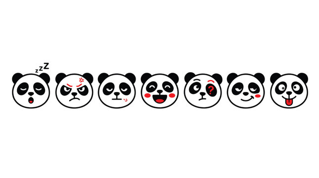 Row of cartoon panda faces showing different cute emotional expressions.
