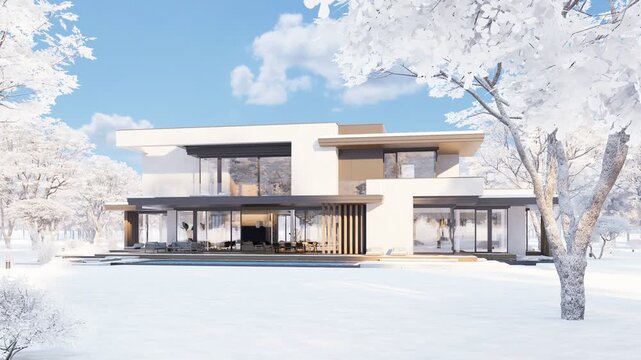 Panning 4K video of a contemporary luxury house exterior in winter with white facades, large glass windows, and a snowy landscape.