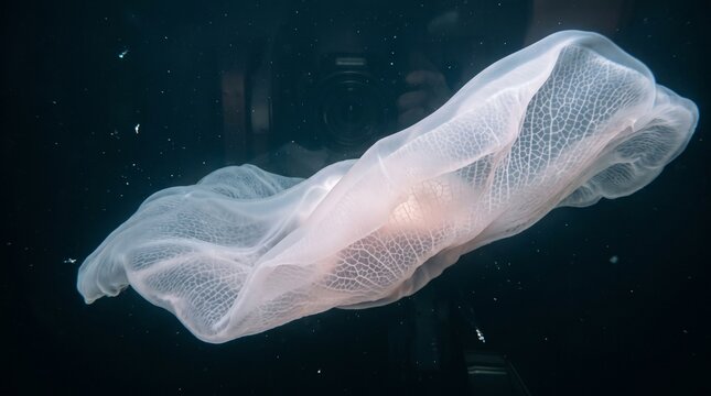 Rare deep sea Deepstaria jellyfish floating in dark ocean abyss with reticulated pattern membrane