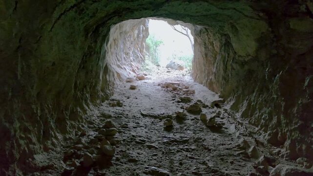 Walking out of a dark cave tunnel into a bright green forest landscape, passage to freedom concept.
