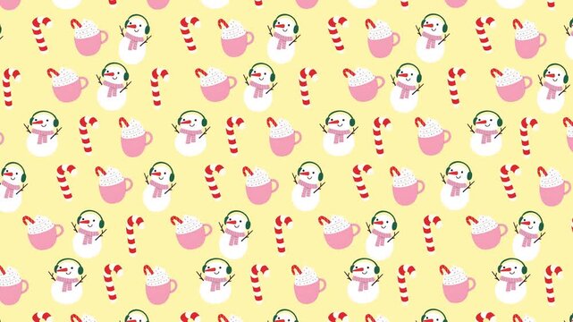 Christmas seamless pattern background with snowman candy cane and hot cocoa cups rising motion loop