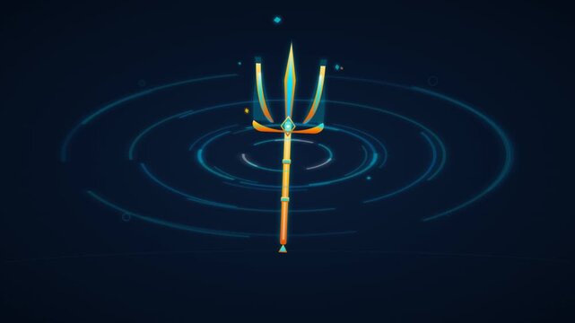 Glowing golden trident weapon hovering above concentric blue magic circles