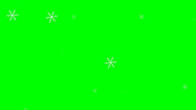 White snowflakes falling on green screen background chroma key animation