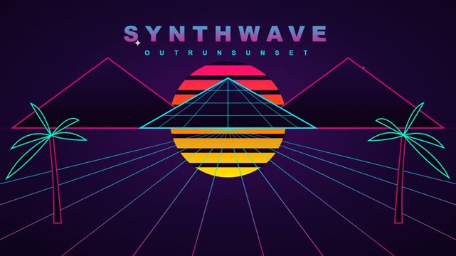 Retro synthwave sunset animation featuring neon palm trees and wireframe grid