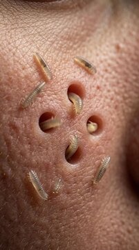 Demodex mites crawling on human skin pores macro 4K