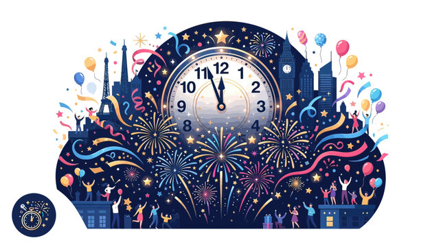 Global New Year's Eve Celebration with Midnight Clock Fireworks and Landmarks Flat Illustration