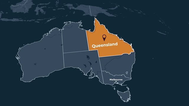 Animated map of Queensland, Australia, highlighting the state, Animated map of Queensland, Australia, highlighting the state boundary and location within Australia. Useful for geography, education