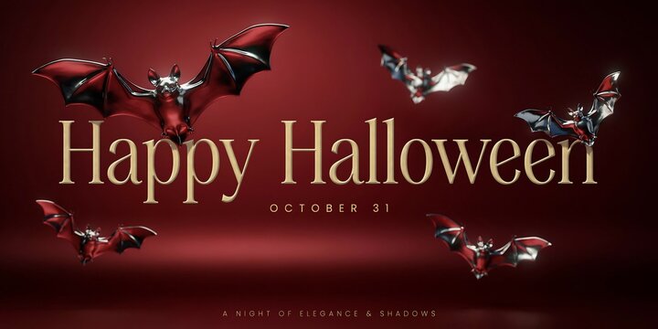 Elegant gold &ldquo;Happy Halloween October 31&rdquo; text with detailed flying bats on a rich dark red background