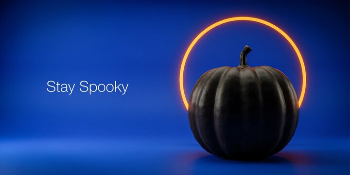 Matte black pumpkin glowing with a bright orange neon ring, &ldquo;Stay Spooky&rdquo; text on a deep blue gradient background