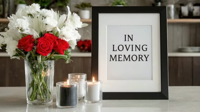 altar with photo frame flowers and candle at home animation