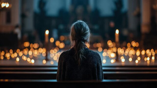 lonely woman sitting on a bench in the church animation