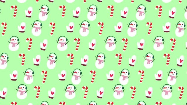 Christmas seamless pattern background with snowman and candy cane rising motion loop