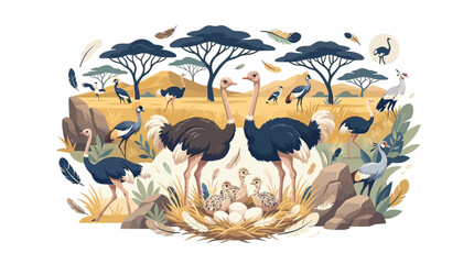 Obraz premium Flat Vector Illustration of Ostrich Family with Chicks and Eggs in African Savanna Landscape Background