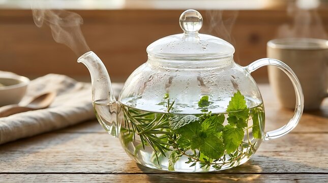 Clear glass teapot filled with fresh green herbal tea leaves on a rustic wooden kitchen table surface. herb infusion demo