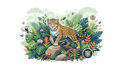 Fototapeta premium Exotic Jaguar Wild Cat Standing in Tropical Rainforest with Monstera Leaves and Lush Jungle Foliage
