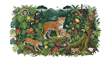 Fototapeta premium Tropical Rainforest Wildlife Illustration Featuring Jaguar Family, Monkeys, Toucans and Exotic Plants