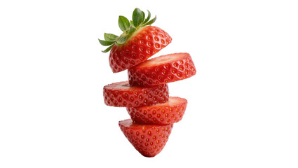 Stack of sliced fresh red strawberries with green leaves, isolated on transparent background © Giulia