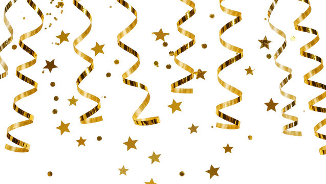 Golden streamers and star confetti falling, isolated on transparent background