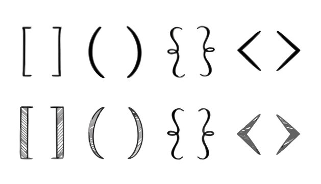 Hand drawn bracket symbols display a simple black and white illustration