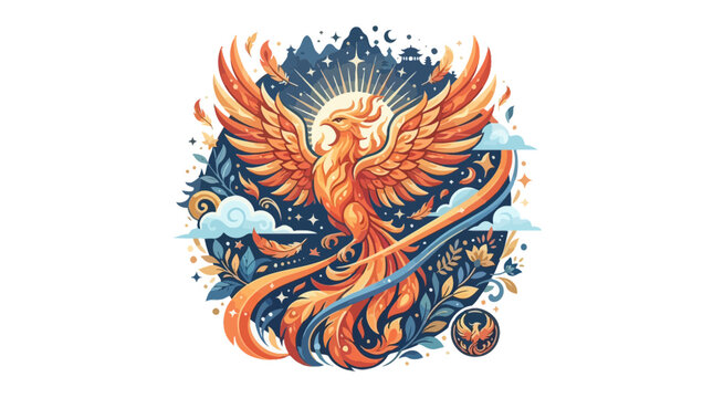 Majestic Phoenix Bird Rising with Sun and Floral Ornaments in Circular Flat Vector Illustration