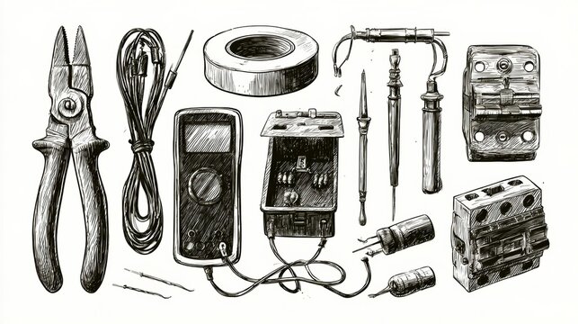 A set of electrical tools wire stripper, multimeter, tape, junction box, fuses, and circuit breaker on a white background.