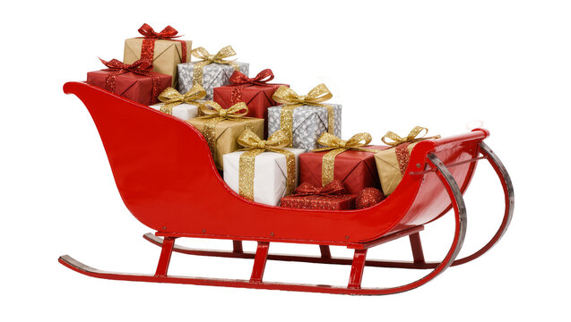 Red sleigh overflowing with festive Christmas presents, isolated on transparent background