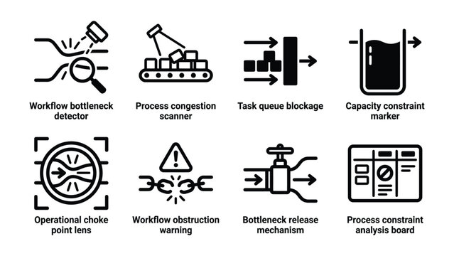 Bottleneck and Constraint Icons: A collection of icons illustrating workflow bottlenecks, process congestion, task queue blockages, and capacity constraint markers.