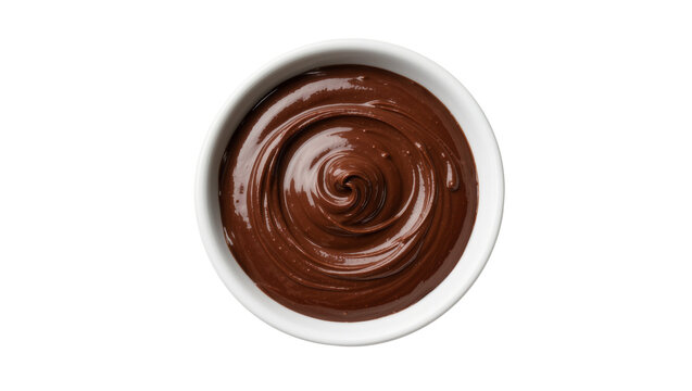 Creamy dark chocolate spread swirled in a white bowl, isolated on transparent background