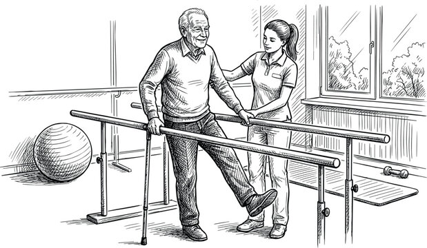 Elderly person practicing balance exercises with physiotherapist hand drawn vector sketch.