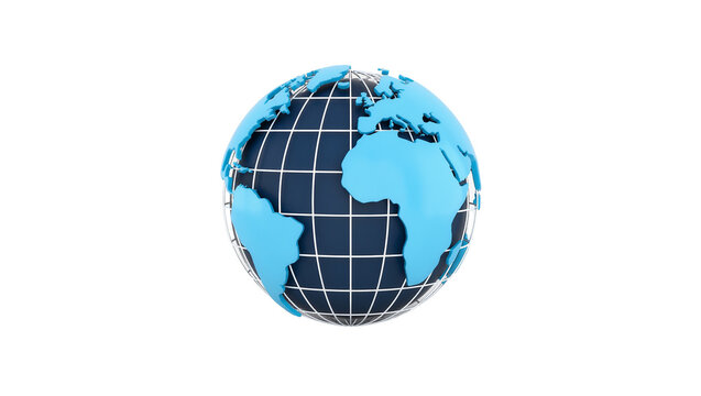 Blue and dark blue globe with grid lines, isolated on transparent background