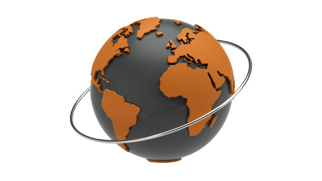 Dark gray globe with orange continents and a silver ring, isolated on transparent background