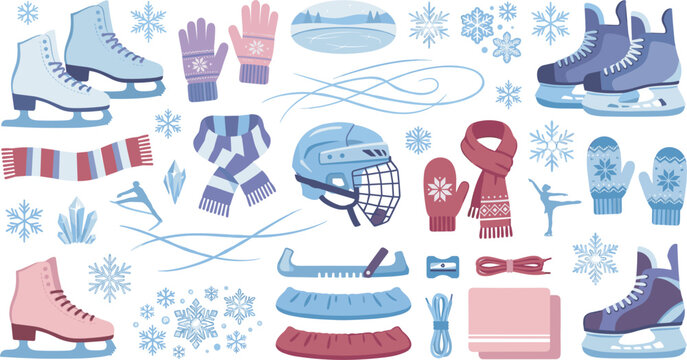 Ice skating vector element set with figure skates helmet gloves scarf snowflakes and winter indoor sport equipment icons for holiday designs