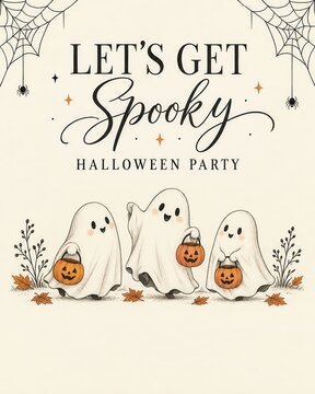 Halloween party invitations featuring three friendly ghost figures, pumpkins, spiderwebs, and autumn leaves create playful seasonal greeting