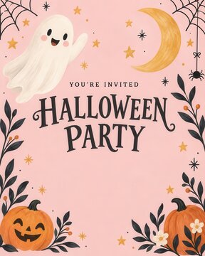Halloween party invitation with friendly ghost, crescent moon, pumpkin, floral border, and star decoration for seasonal celebration