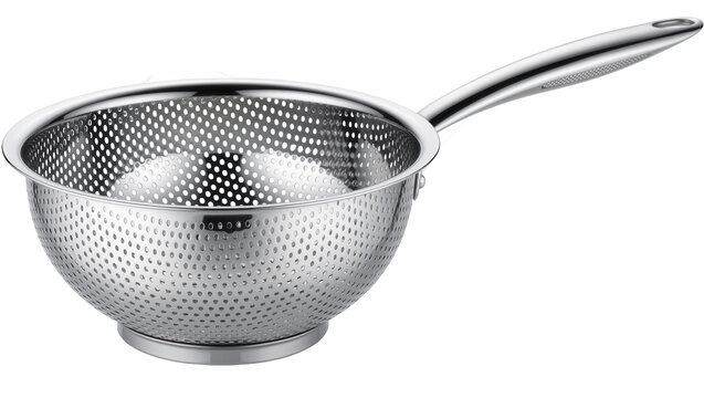 Shiny stainless steel colander with perforated bowl and long handle, isolated on transparent background