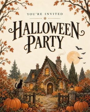 Halloween party invitations create warm autumn gathering scene with haunted cottage, glowing windows, pumpkins, bats, and falling leaves