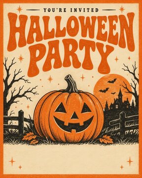 Halloween party invitation with carved pumpkin, haunted castle, bats, autumn leaves and vintage orange design for seasonal celebration