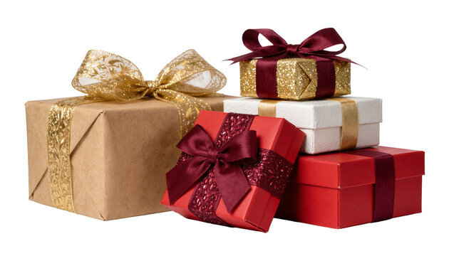 Assorted gift boxes with decorative ribbons and bows, isolated on transparent background