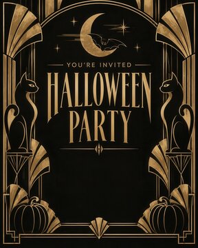 Halloween party invitation with elegant art deco frame, black and gold cat design, moon, pumpkin, and festive mystery