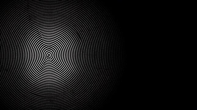 Abstract black and white concentric dotted circle pattern forming geometric spiral background
