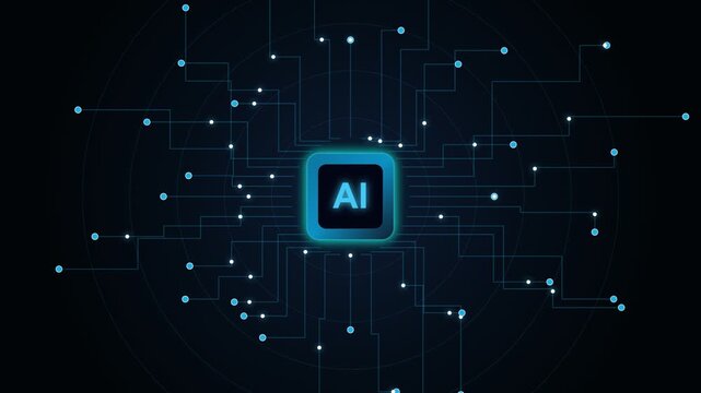 Artificial Intelligence Circuit Board Background Loop with Glowing AI Logo and Digital Network Nodes