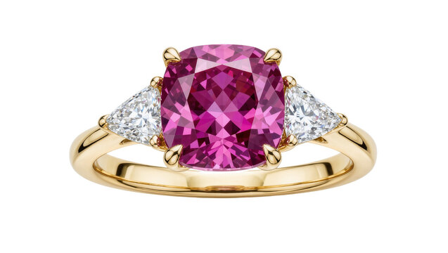 Cushion cut pink sapphire ring with triangular diamonds, isolated on transparent background