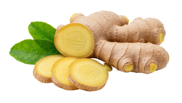 Whole and sliced ginger root with green leaves, isolated on transparent background
